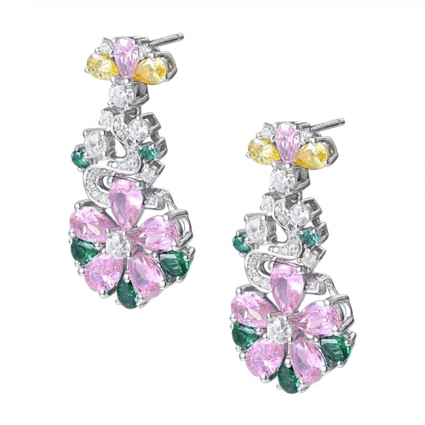 orecchino con fiore a grappolo color smeraldo in argento sterling rodiato con pietra colorata 