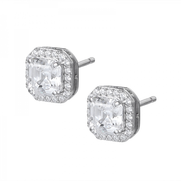 zirconi bianchi Asscher taglio 1Ct orecchino a bottone in argento sterling con diamanti 