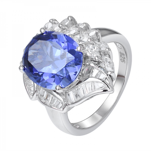 blu Tanzanite simulato CZ anello di fidanzamento da donna con pietra a taglio ovale rodio 