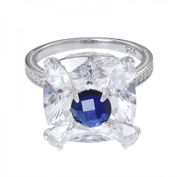  Su e Giù anello di fidanzamento in argento sterling con doppia pietra blu zaffiro rodiato 