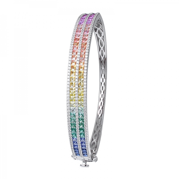 Braccialetto arcobaleno in argento sterling a 2 linee con pietre preziose sintetiche colorate in rodio a taglio quadrato 