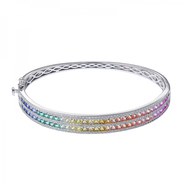 Braccialetto arcobaleno in argento sterling a 2 linee con pietre preziose sintetiche colorate in rodio a taglio quadrato 