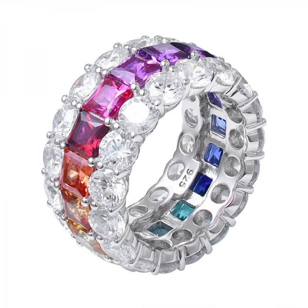 sintetico Sahhpire Princess & Round anello eternity arcobaleno a 3 linee in argento sterling con taglio rodio 