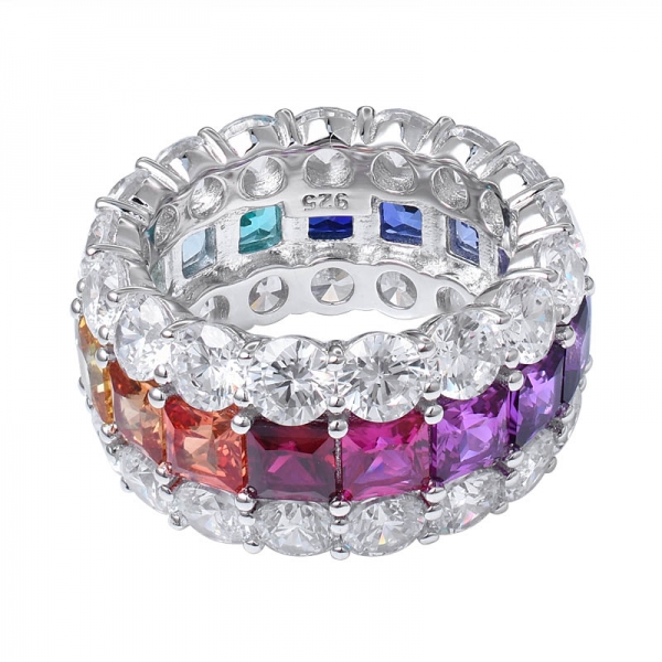 sintetico Sahhpire Princess & Round anello eternity arcobaleno a 3 linee in argento sterling con taglio rodio 