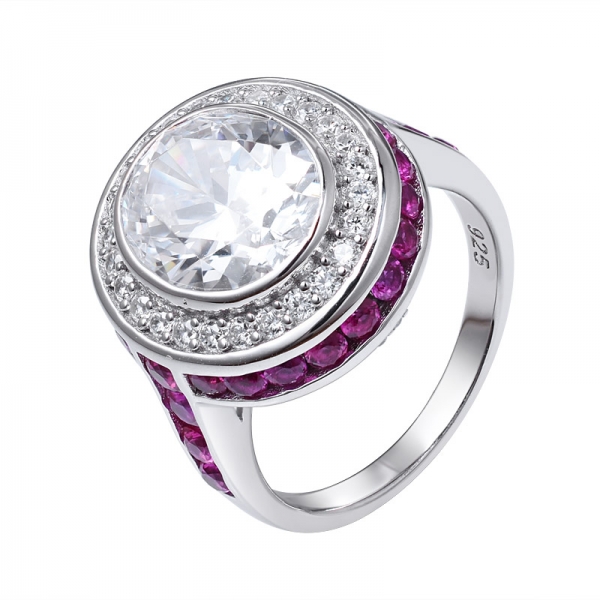 taglio ovale bianco CZ & Ruby corindone rodio su 925 anello di fidanzamento in argento sterling 