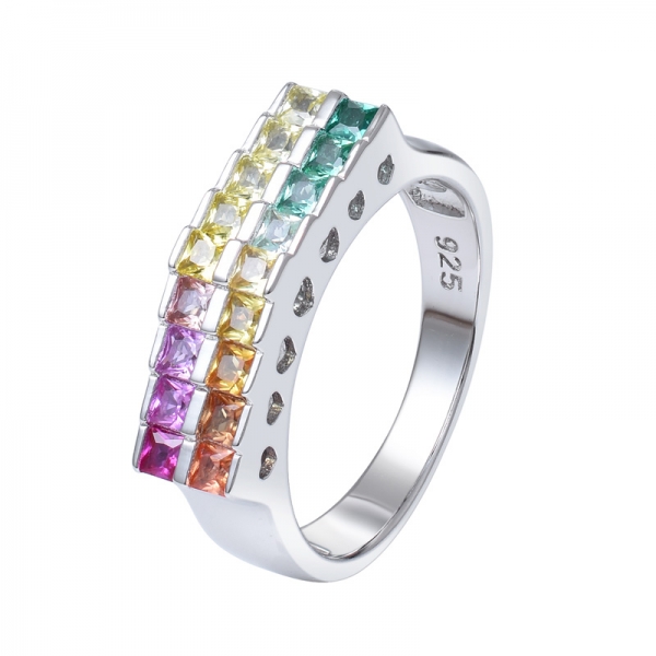 sintetico Sahhpire taglio principessa 2,0 mm anello a fascia arcobaleno a 2 linee in argento 925 rodiato su argento 
