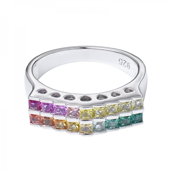 sintetico Sahhpire taglio principessa 2,0 mm anello a fascia arcobaleno a 2 linee in argento 925 rodiato su argento 