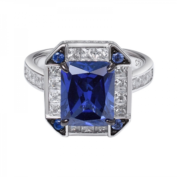 creato blu Tanzanite taglio smeraldo rodio e nero artigianale su anello di fidanzamento in argento sterling 