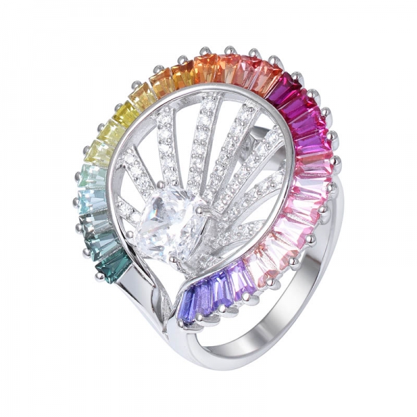 anello di nozze arcobaleno in argento sterling con zaffiro arcobaleno simulato con taglio conico 
