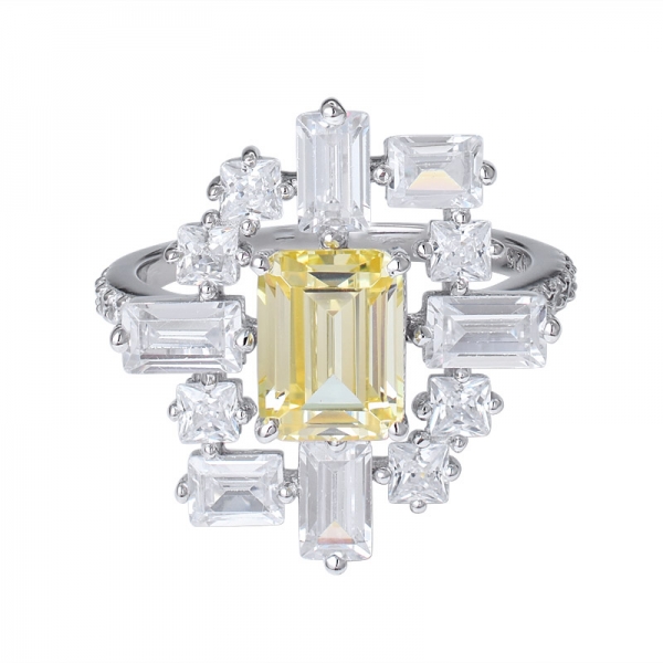 Anello a fascia in argento sterling con diamante giallo a taglio smeraldo da 1 carato 