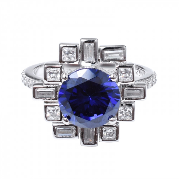 blu Tanzanite creato rodio taglio rotondo su 925 anello in argento sterling 
