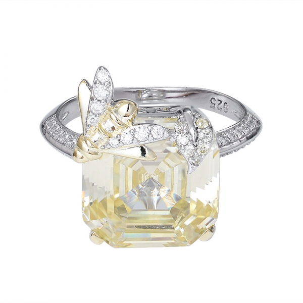 Laboratorio creato diamante giallo Asscher Tagliare 2 toni sull'anello di fidanzamento in argento sterling 