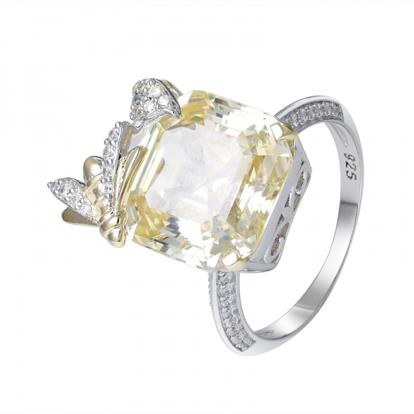 Laboratorio creato diamante giallo Asscher Tagliare 2 toni sull'anello di fidanzamento in argento sterling 
