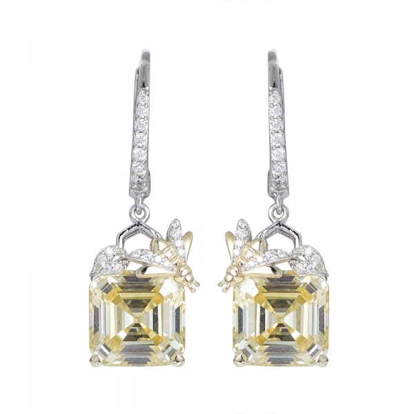 lab ha creato il diamante giallo Asscher orecchino pendente in argento sterling tagliato a 2 toni 