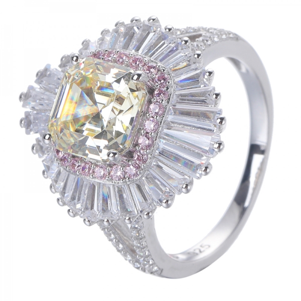 Diamante giallo simulato Asscher Tagliare il rodio sopra l'anello nuziale in argento sterling 