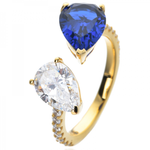 Blue Sapphire & White Cubic Zirconia Pera tagliato oro giallo over sterling argento zaffiro anello di fidanzamento 