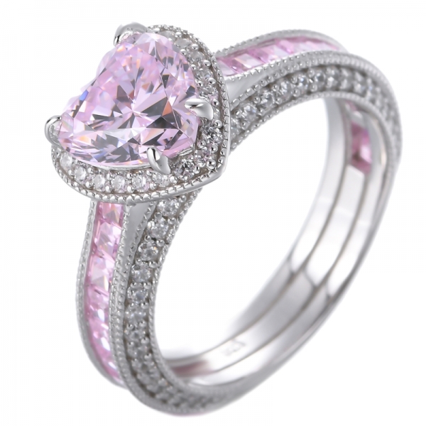 Anello in argento sterling rodiato con zirconi cubici di colore rosa a forma di cuore con diamante 