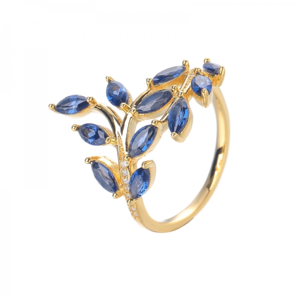 creato anello nuziale a forma di foglia di ulivo in argento sterling placcato oro giallo con gemma di zaffiro blu 