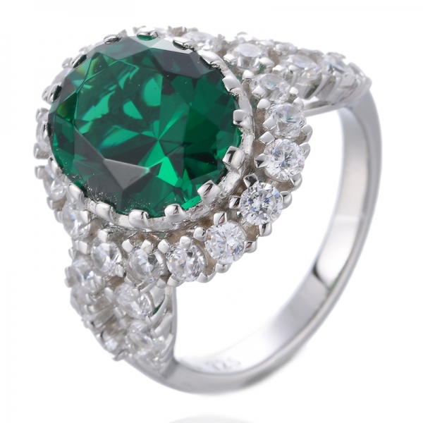 anello di promessa in argento sterling 925 con nano smeraldo verde ovale e zirconi bianchi 