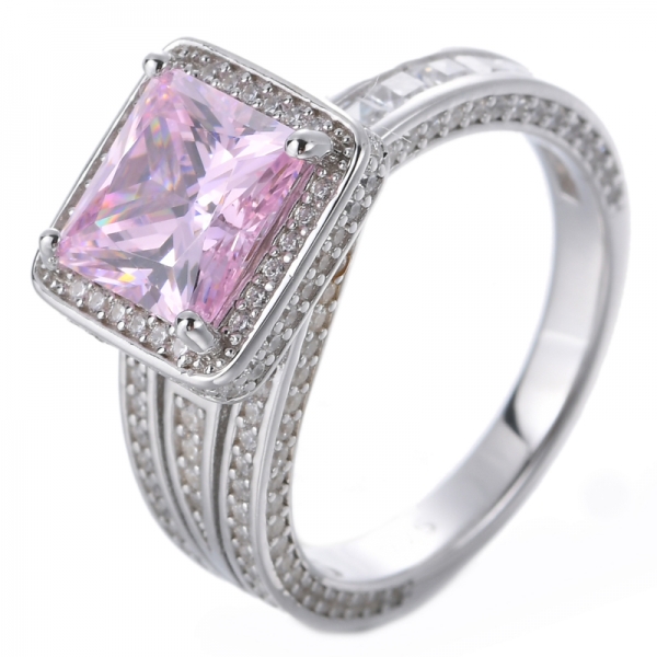 Anelli in argento sterling 925 con diamante rosa simulato aureola a taglio quadrato con zirconi CZ eternità anello di fidanzamento con fedi nuziali 