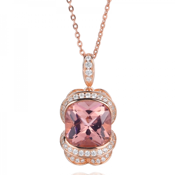 Creato 10,0 mm Cuscino rosa Morganite gemma e ciondolo da donna con diamanti rotondi
 