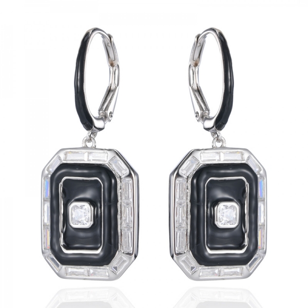 Orecchini pendenti in argento rodiato smaltato nero 925 con zirconi bianchi
 