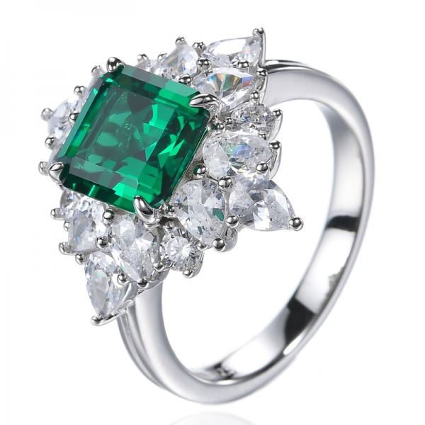 Anello di fidanzamento con taglio Asscher verde smeraldo simulato in argento sterling 925
 