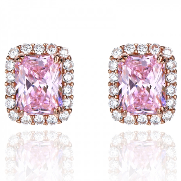 Simulante di diamanti rosa e zirconi bianchi in oro rosa 18 carati su orecchini a bottone in argento sterling da 3 ct
 