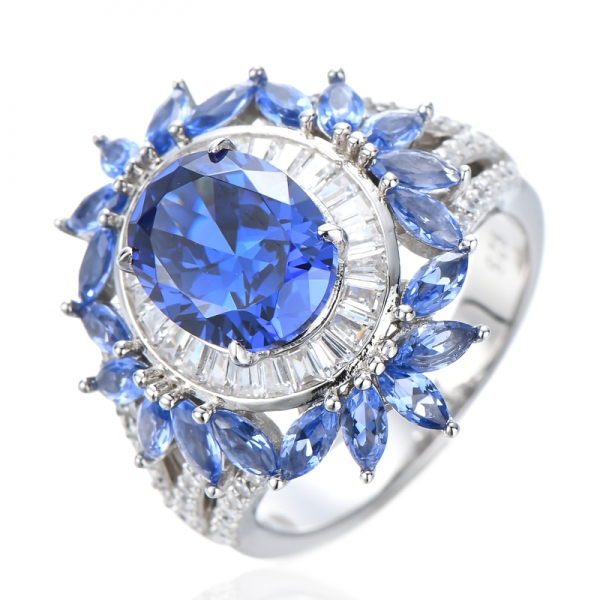 Anello di fidanzamento Halo in argento sterling con tanzanite a taglio ovale e taglio marquise con diamante CZ 