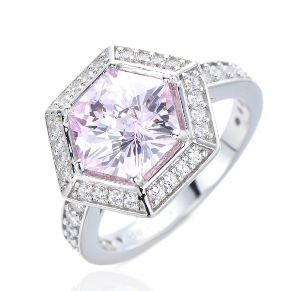 Anelli Halo in argento sterling 925 con diamanti rosa chiaro a taglio esagonale con zirconi cubici 