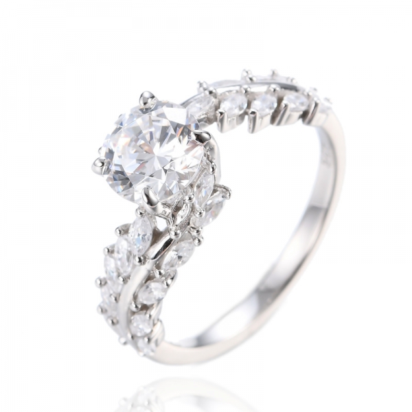 Anello da sposa con diamante a taglio brillante rotondo simulato con gambo curvo fatto a mano in argento sterling 