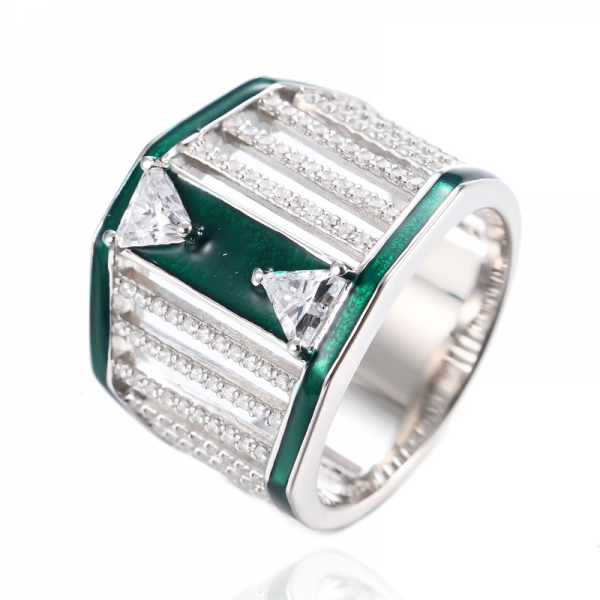 Anello di zirconi di cristallo di fidanzamento con triangolo bianco smaltato verde 