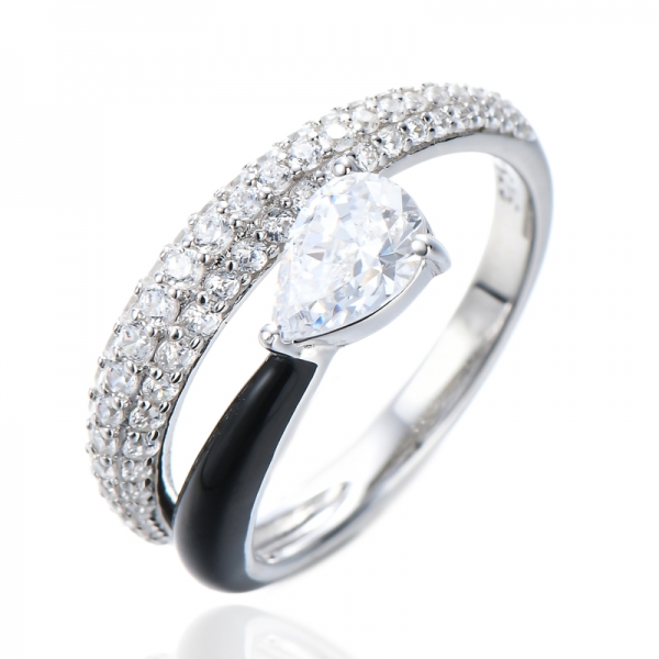 Anelli di fidanzamento in smalto nero con diamante a pera in argento sterling 