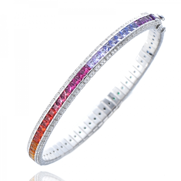 Bracciale rigido arcobaleno in argento sterling con pietre preziose multicolori e taglio quadrato
         