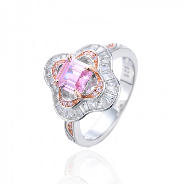 Anello Asscher in argento con zirconi rosa e bianchi con placcatura in rodio e oro rosa 