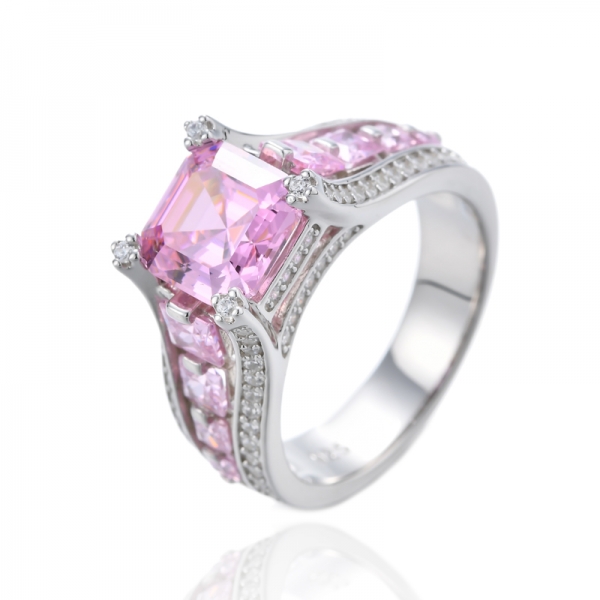 Anello Asscher e quadrato in argento rodiato con zirconi rosa 