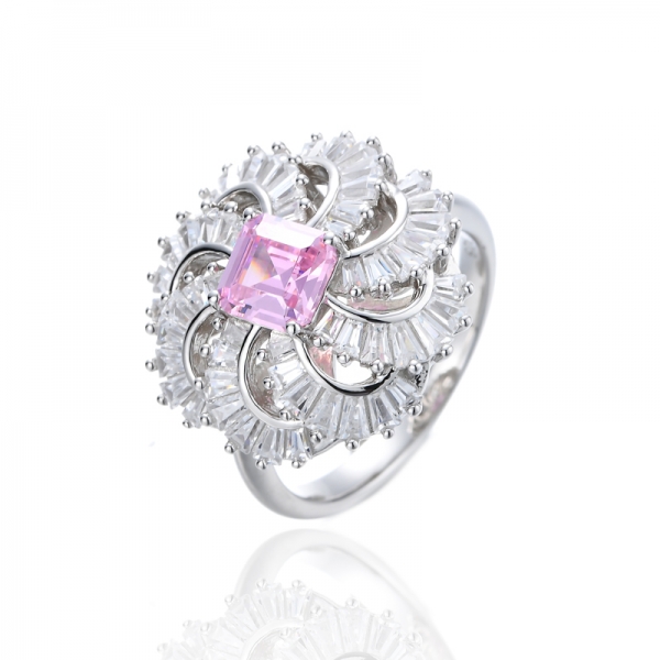 Anello Asscher in argento rodiato con zirconi rosa e bianchi 