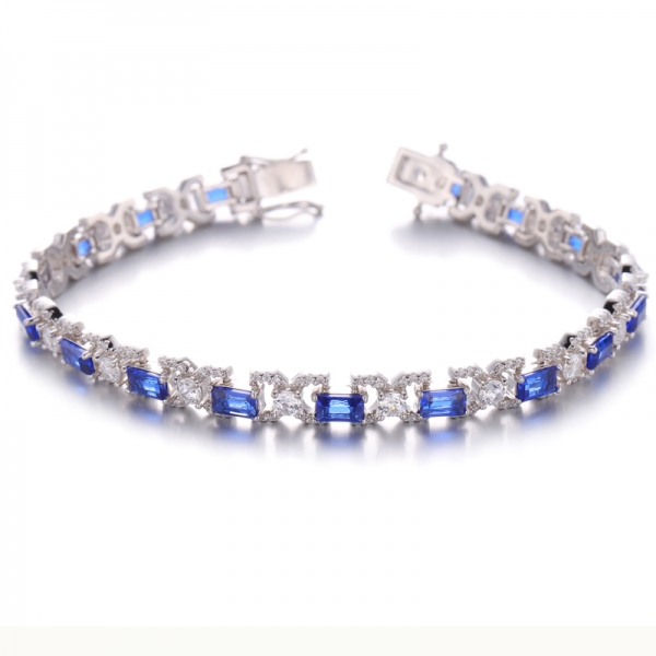 Bracciale Baguette in argento nano blu e zirconi bianchi rotondi con placcatura rodio 