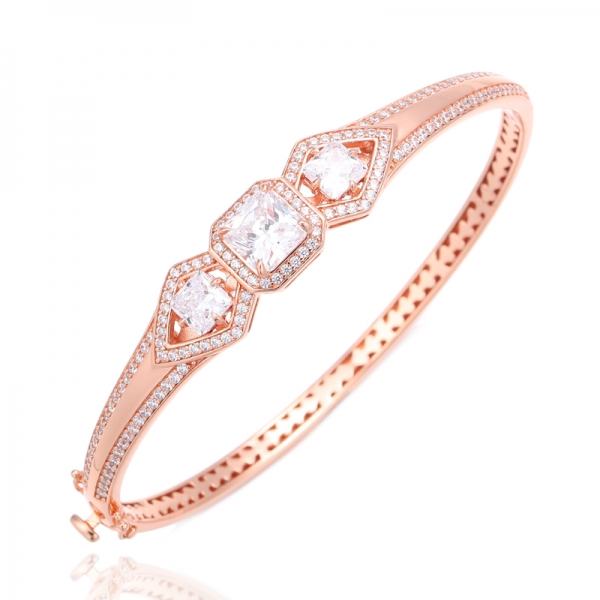 Bracciale rigido in argento con zirconi bianchi ottagonali con placcatura in oro rosa 