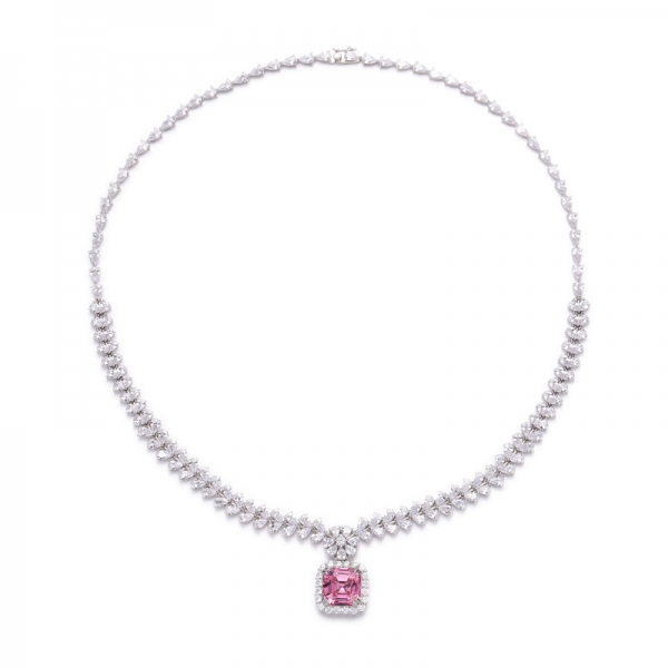 Collana Asscher in argento placcato rodio con zirconi rosa e bianchi 