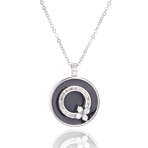 Grey Enamel And Round White Cubic Zircon Rhodium Silver Pendant 