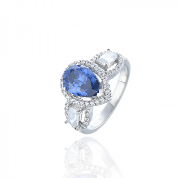 Pear Shape Tanzanite And White Cubic Zircon Rhodium Silver Ring 