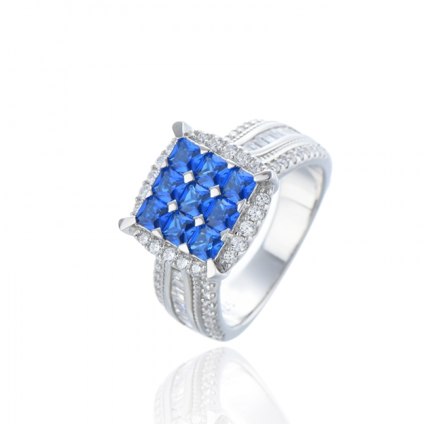 Octagon Blue Nano And White Cubic Zircon Rhodium Silver Ring 