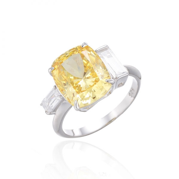 Cushion Diamond Yellow And White Cubic Zircon Rhodium Silver Ring 