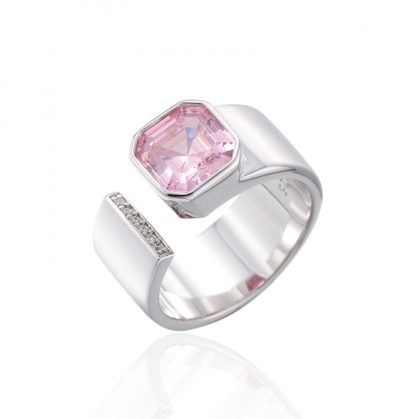 Square Diamond Pink And Round White Cubic Zircon Rhodium Silver Open Ring 