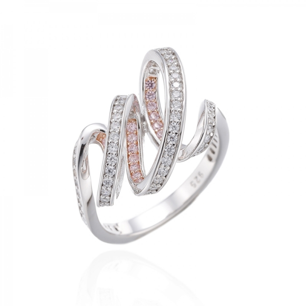 Round Diamond Pink And White Cubic Zircon Rhodium Silver Ring 