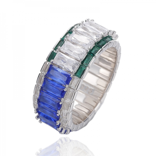 Anello in argento rodiato baguette 925 blu nano e verde nano con zirconi bianchi 