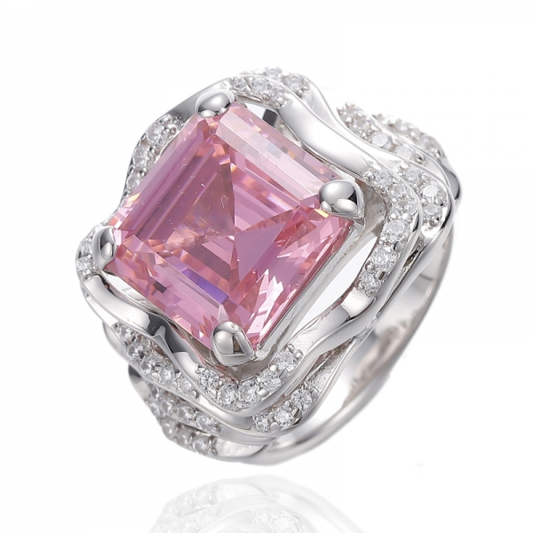 Anello Asscher in argento rodiato con diamanti rosa e zirconi bianchi rotondi 