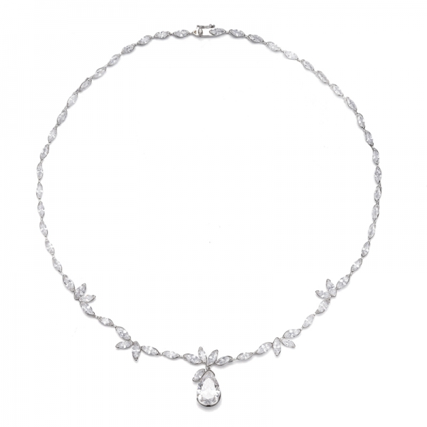 Pear Shape Diamond Yellow And Marquise White Cubic Zircon Rhodium Silver Necklace 