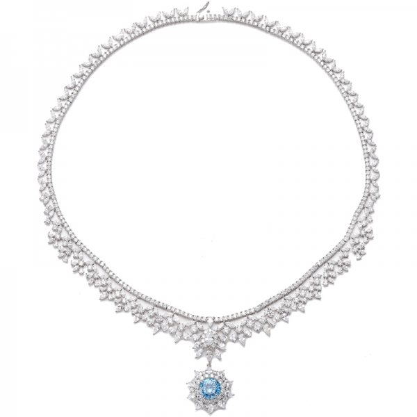 Collana in argento rodiato con diamanti rotondi blu e bianchi 925 con zirconi cubici 